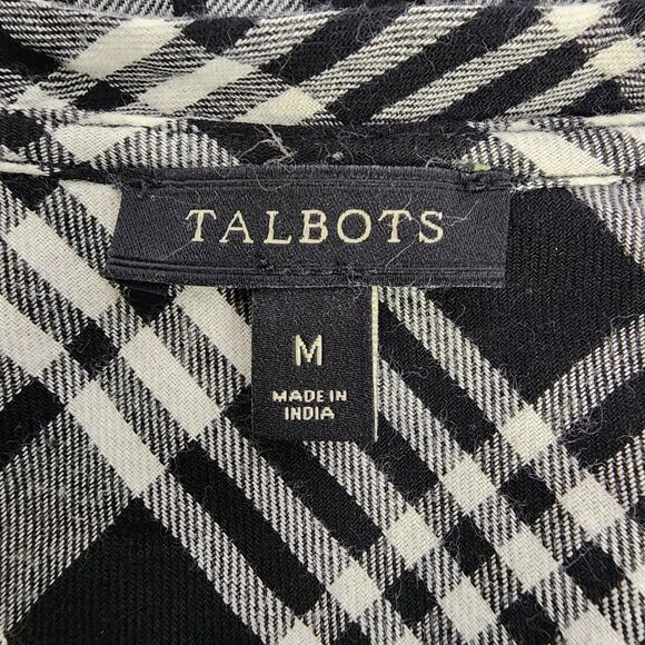 Talbots Women Top Medium Black White Plaid Popover Split Neck Long Sleeve Blouse - Picture 10 of 13